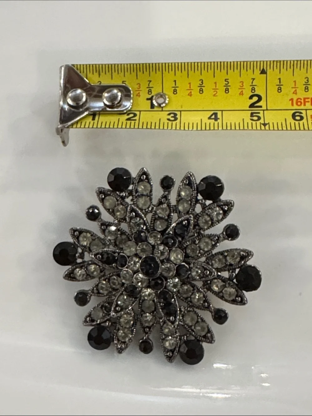 Vintage-Inspired Black and Clear Crystal Floral Brooch - Unbranded